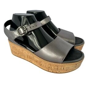 FitFlop Eloise Pewter Metallic Leather Cork Wrap Wedge Platform Sandals 10